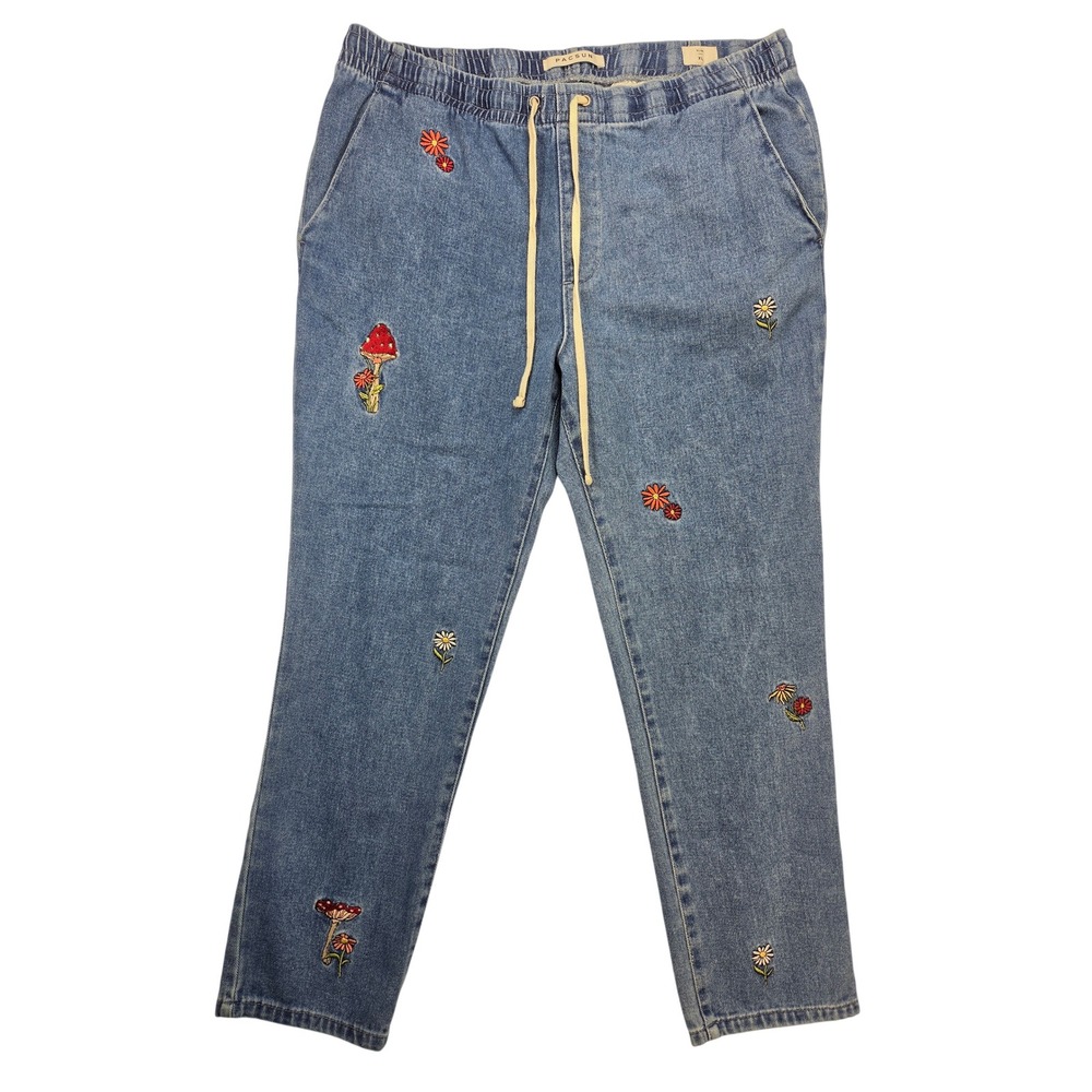 PACSUN Women Blue Denim Jean Pant Embroidered Mushrooms Daisy Elastic Waist XL
